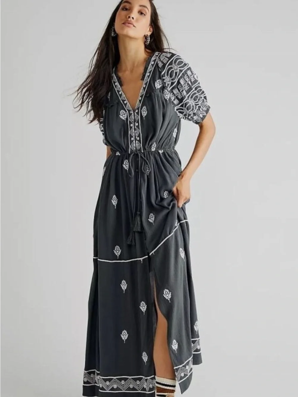 Free People Riley Embroidered Maxi Dress Gray Large Boho Tassel Pockets